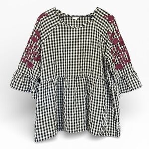 Layerz Clothing Embroidered Top Pink Black Gingham Peasant Ruffled Size XL